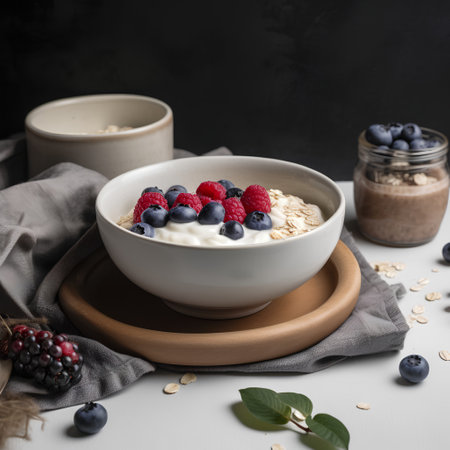 Oatmeal with berries in a ceramic bowl on a gray background.の素材