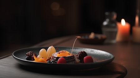 Chocolate fondant with fruits on black plate, shallow depth of fieldの素材