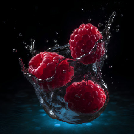 Raspberries splashing into water on a black background. 3d renderingの素材