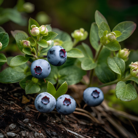 Blueberries on the ground in the forest. Selective focus.の素材