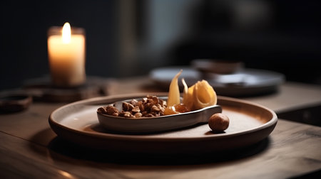 Spa still life with walnuts and candles on wooden table.の素材