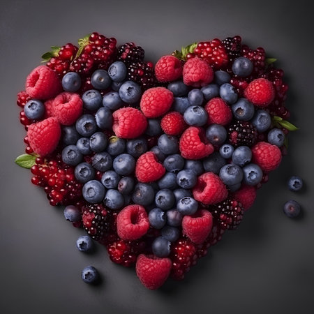 Heart made of fresh berries on dark background. Healthy food concept.の素材