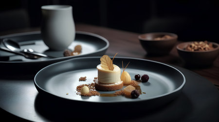 Cake with cream and marmalade on a black plate.の素材