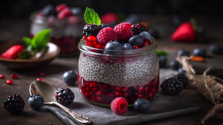 Chia seed pudding with fresh berries in glass jar, selective focusの素材