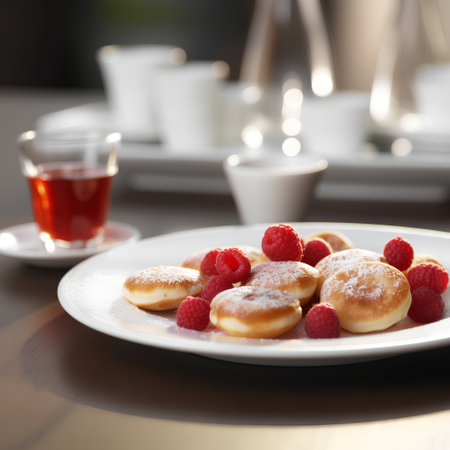 Pancakes with raspberries and powdered sugar on a plateの素材