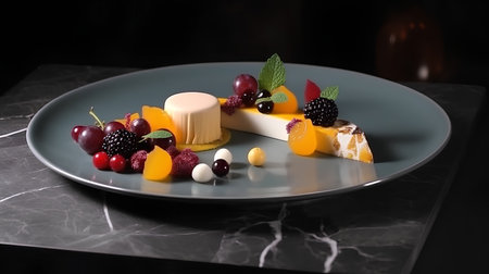 Cheese plate with different fruits and berries on a dark background.の素材