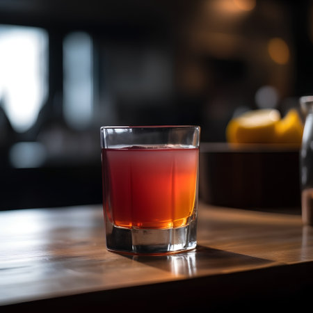 Cocktail in a glass on a wooden table in a barの素材