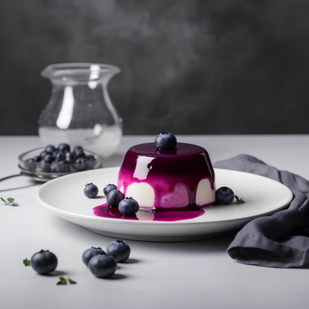 Panna cotta with blueberries on a white plate, selective focus.の素材