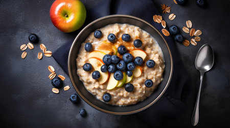 Oatmeal with blueberries and apples in a bowl on a dark background.の素材