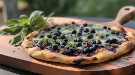 Pizza with blueberries and basil on a wooden board, selective focusの素材
