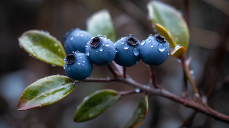 Close up of blueberries on a bush with water droplets.の素材