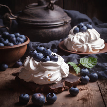 Meringue Pavlova with fresh blueberries on wooden backgroundの素材