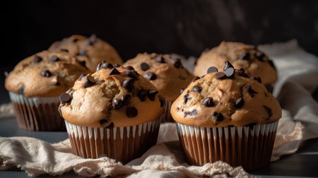 Chocolate muffins with chocolate chips on dark background, selective focusの素材