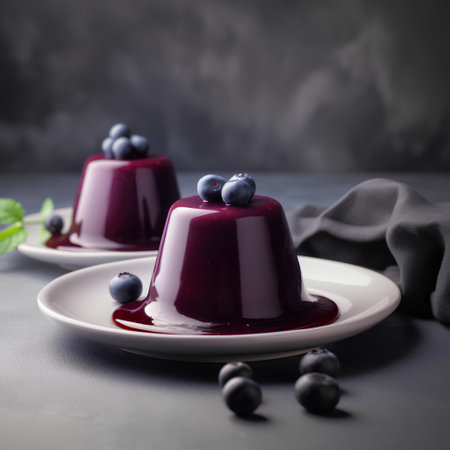 Blueberry panna cotta with fresh berries on a dark backgroundの素材