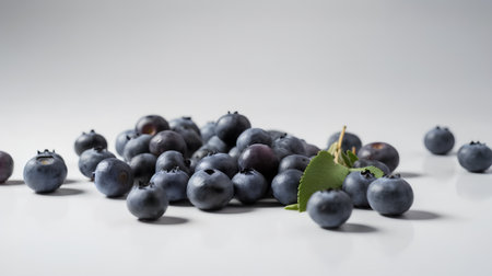 Fresh blueberries on a white background. Blueberries with leaves.の素材