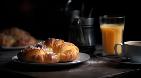 Breakfast with coffee, croissants and orange juice on dark backgroundの素材
