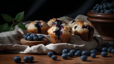 Blueberry muffins with fresh berries on wooden table. Selective focus.の素材