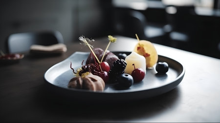 Fruit dessert on a plate in a restaurant, shallow depth of fieldの素材