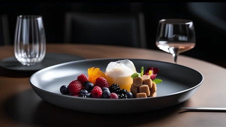 Fruit and berry dessert served on a plate in a restaurantの素材