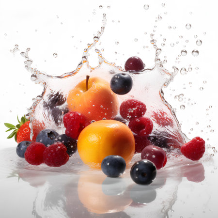 Fresh fruits with water splash on white background. Healthy food concept.の素材