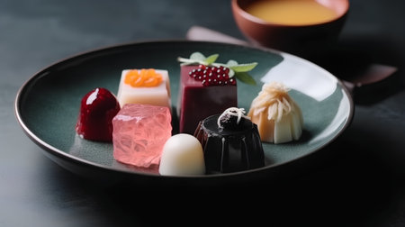 Colorful japanese dessert on a black background. Selective focusの素材