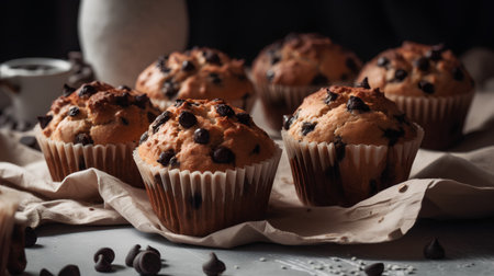 Homemade chocolate muffins with coffee beans on a dark background.の素材