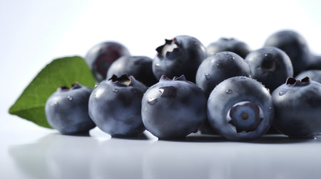 Blueberries with leaves on white background. Shallow dof.の素材