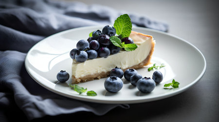 Cheesecake with fresh blueberries and mint on a white plateの素材