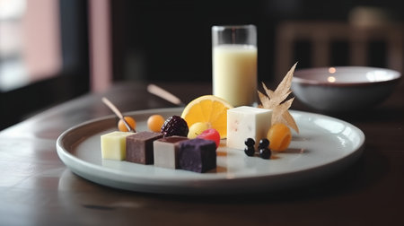 Fruit dessert on a white plate with a glass of orange juiceの素材
