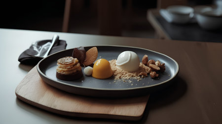 Ice cream with chocolate and nuts in black plate on wooden table.の素材