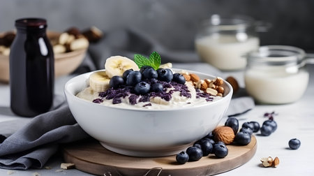 Healthy breakfast. Oatmeal with blueberries, banana and nuts. Selective focus.の素材