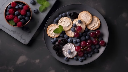 Plate with meringue cookies and fresh berries on black backgroundの素材