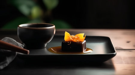 Chocolate Souffle with orange on top and a cup of coffeeの素材