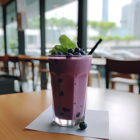 Blueberry smoothie with fresh berries on wooden table in cafe.の素材