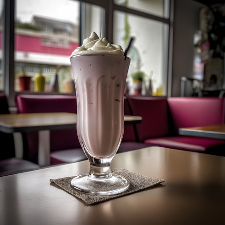 Chocolate milkshake with whipped cream in a glass on the tableの素材