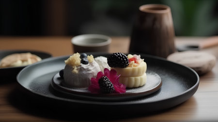 Mochi japanese dessert with blackberry and raspberry on plateの素材