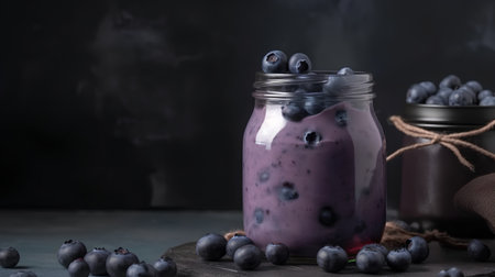 Blueberry smoothie in a glass jar with fresh berries on dark backgroundの素材