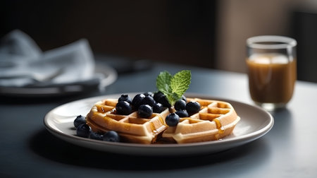 Waffles with fresh blueberries and honey. Selective focus.の素材