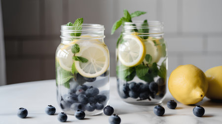Detox water with blueberries, lemon and mint in glass jars.の素材