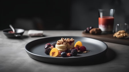 Fruit dessert on a black plate with a glass of juice on the backgroundの素材