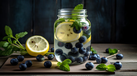 Homemade lemonade with blueberries, lemon and mint in a glass jar on a wooden background.の素材