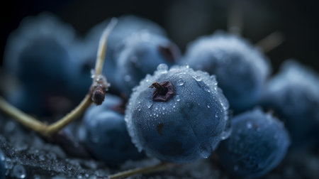 Frozen blueberries on a dark background. Shallow depth of field.の素材