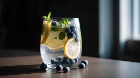 Mojito cocktail with blueberries, lemon and mint on a tableの素材
