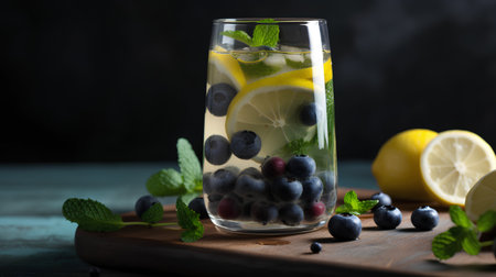 Lemonade with blueberries, lemon and mint in a glass on a dark background.の素材