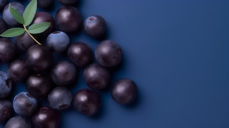 Fresh blueberries on blue background with copy space. Top view.の素材