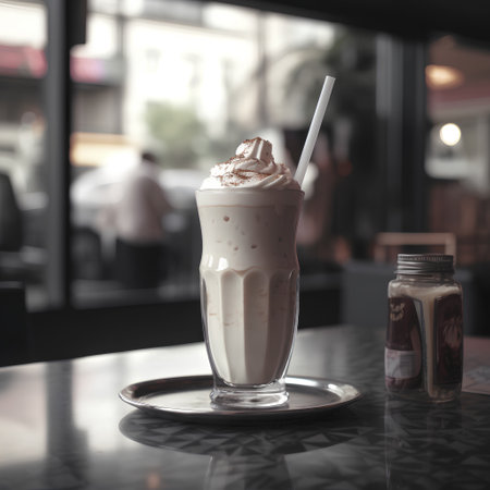 Iced coffee with whipped cream in a glass on the table.の素材
