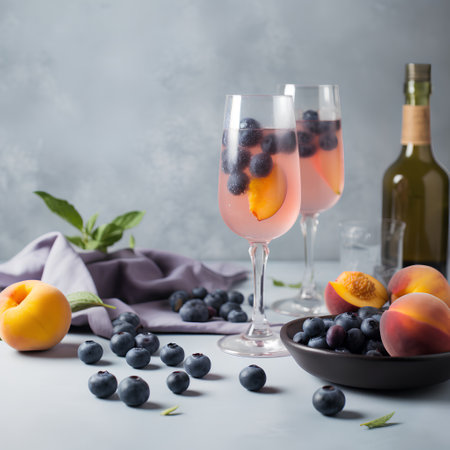 Two glasses of wine with apricot, blueberry and mint on a gray background.の素材