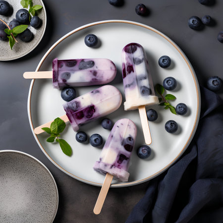 Homemade popsicles with blueberries and mint on a dark background, top viewの素材