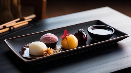 Japanese sweet dessert on a plate with soy sauce and chopsticks.の素材