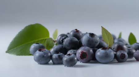 Blueberries with green leaves on a white background. Close-up.の素材
